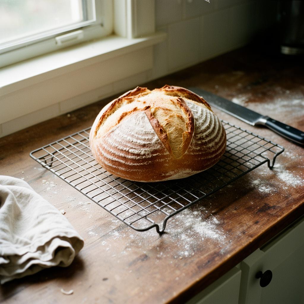 Freshly baked sourdough with garden herbs on a wooden table