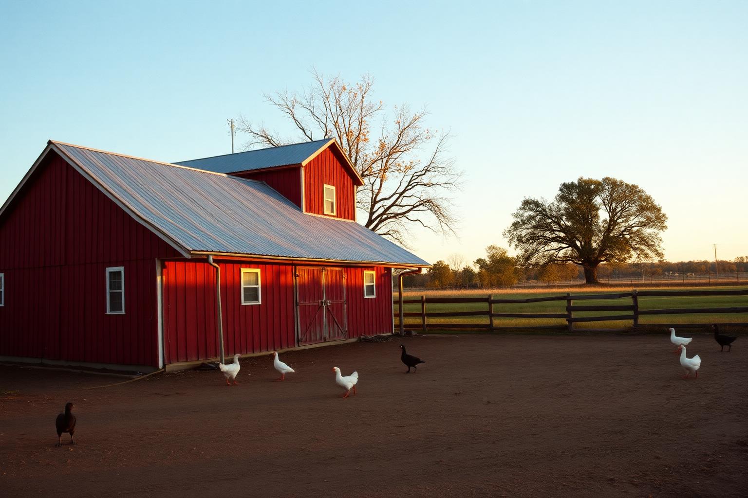 The red barn at Rustic Roost Ranch at golden hour